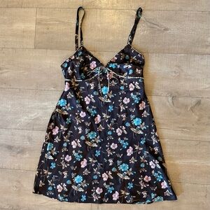 VTG Adonna chocolate Brown Floral satin slip Dress tie front back size large Y2K